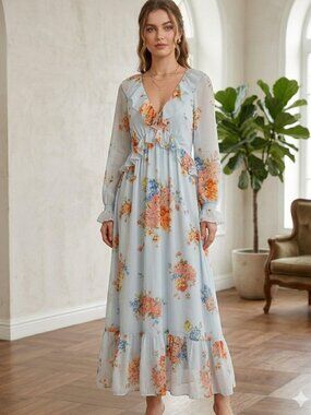 Patrons of Peace NWT Floral Ruffle Maxi Dress Light Blue Size M Cottagecore
